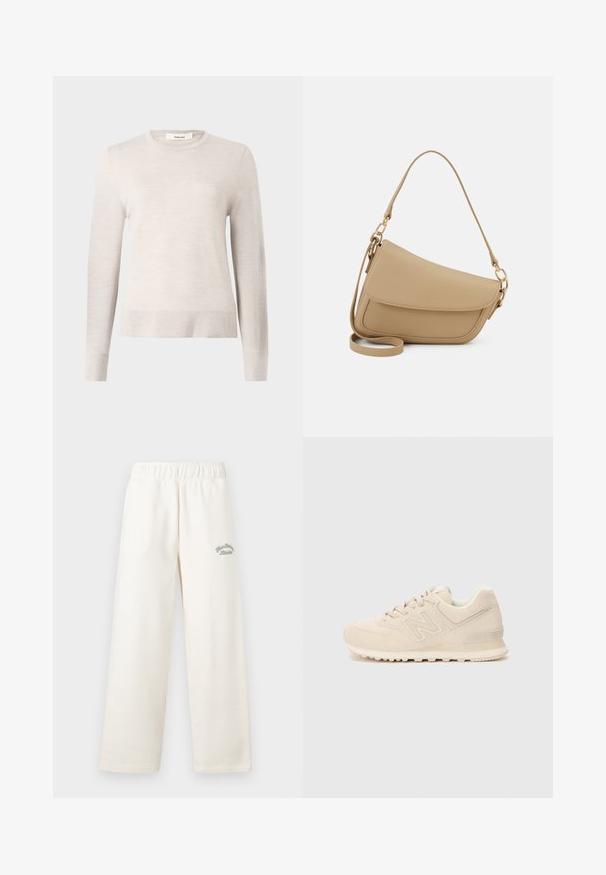 Svijetlobijeli pulover dugih rukava izrađen od mekanog pletenog materijala. Ima okrugli dekolte i rebraste rukave i donji rub. Jednostavan, klasičan dizajn.; Kremaste široke hlače izrađene od mekanog materijala s elastičnim strukom. Sadrži suptilan zeleni izvezeni tekst na prednjoj strani.; Bež New Balance tenisice s gornjom stranom od zamjene i mrežice, vezanjem, podstavljenim ovratnikom i teksturiranom gumiranom potplatu na bijeloj pozadini.; Even&Odd Ručna torba - beige