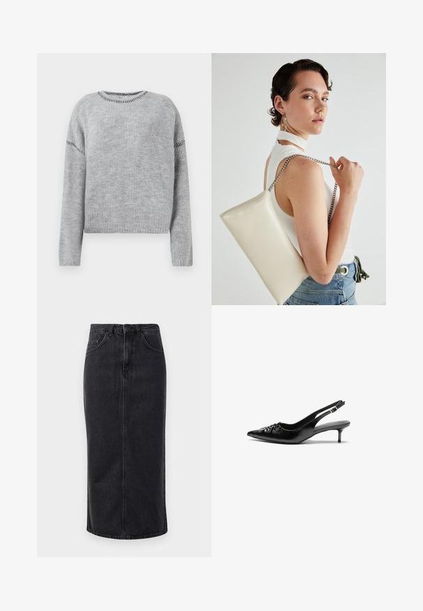 Pulover gri tricotat cu decolteu rotund și mâneci lungi. Dispune de o textură ribbată și detalii de cusătură contrastante de-a lungul cusăturilor.; Fustă midi din denim negru cu croială dreaptă, design cu cinci buzunare și închidere cu nasture. Prezintă un tiv brut și o textură ușor estompată.; Cizme slingback din piele neagră, cu vârf ascuțit, toc mic de tip kitten heel și un detaliu decorativ sub formă de nod în față. Textură netedă pe întreaga suprafață.; Geantă de clutch rectangulară albă, realizată dintr-un material lucios, având o curea de lanț argintie. Modelul pozează, evidențiind geanta pe un fundal simplu.