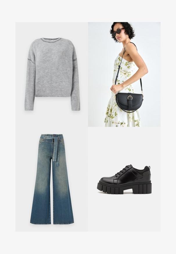 Harmaa neulottu paita, jossa on pyöreä pääntie ja pitkät hihat. Paita on ribbikuvioitu ja siinä on erilaiset ommellut yksityiskohdat saumoissa.; Yksiväriset farkut leveällä lahkeella, joissa on vaaleasta tummansiniseen häipyvä väri, korkea vyötärö, vyölenkit ja yhteensopiva kangasvyö. Rakennefarkkujen pinta.; Mustat nahkakengät, joissa on lättihenkinen korko, pyöreä kärki ja perinteinen nauhakiinnitys. Ominaisuuksiin kuuluu sileä pintakuvio ja minimaalinen yksityiskohtaisuus.; Musta nahkainen käsilaukku, joka on kaareva muotoilultaan, irrotettavalla hihnalla ja kultaisilla yksityiskohdilla. Laukussa on läppä, jossa on solk yksityiskohta.