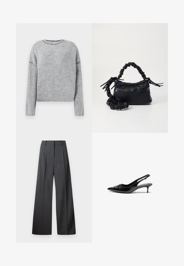 Gray knitted sweater with a round neckline and long sleeves. Features ribbed texture and contrasting stitch details along the seams.; Wide-leg trousers in dark gray fabric, featuring a high waist, single pleats, and a smooth texture with a clean finish at the hems.; Black leather slingback heels with a pointed toe, small kitten heel, and a decorative knot detail on the front. Smooth texture throughout.; Black faux leather handbag with a crocodile texture, cinched top, and a scrunched strap. Appears soft and compact in design.