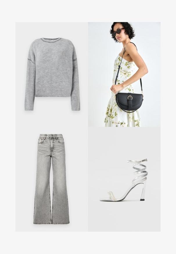 Sivkasta pletena majica z okroglim izrezom in dolgimi rokavi. Ima rebrasto teksturo in kontrastne šive vzdolž šivov.; Visoke, široke kavbojke iz svetlo sive denima. Imajo zaponko s gumbom in zadrgo, sprednje žepke ter vidne šive.; Srebrna visoka sanda s sijočim dizajnom trak, ki vsebuje akcent v obliki bisera in spiralno pašček okoli gležnja za varen oprijem.; Črna usnjena torbica s ukrivljeno obliko, z odstranljivo naramnico in zlatimi dodatki. Torbica ima pokrov s podrobnostmi v obliki zaponke.
