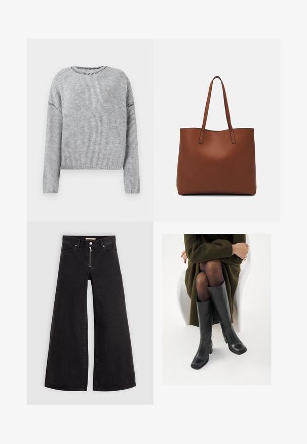 Grauer Strickpullover mit rundem Halsausschnitt und langen Ärmeln. Verfügt über eine gerippte Textur und kontrastierende Nähte entlang der Kanten.; Schwarze Denim-Jeans mit weitem Bein, Reißverschluss vorne, Fünf-Taschen-Design und dezenten Stickdetails. Glatte Textur und lässiger Stil.; Knöchelhöhe schwarze Lederstiefel mit quadrater Spitze und Blockabsatz, gezeigt mit einem Modell, das einen olivgrünen Mantel trägt. Glatte Textur, minimale Details.; Braune Leder-Tote mit glatter Textur, offenem Oberteil und zwei Schulterriemen. Verfügt über minimale Nähte und keine sichtbaren Beschläge.