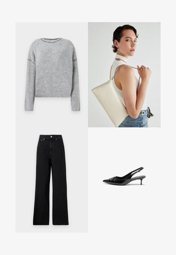 Grauer Strickpullover mit rundem Halsausschnitt und langen Ärmeln. Verfügt über eine gerippte Textur und kontrastierende Nähte entlang der Kanten.; Hochgeschnittene schwarze Denim-Jeans mit weitem Bein, ausgestattet mit fünf Taschen und silberfarbenen Hardware-Akzenten. Insgesamt glatte Textur.; Schwarze Leder-Slingback-Absätze mit einer spitzen Zehenform, kleinen Kitten-Absätzen und einem dekorativen Knoten-Detail auf der Vorderseite. Glatte Textur über die gesamte Fläche.; Weiße rechteckige Clutch aus glänzendem Material mit einem silbernen Kettenriemen. Das Model posiert und präsentiert die Tasche vor einem schlichten Hintergrund.