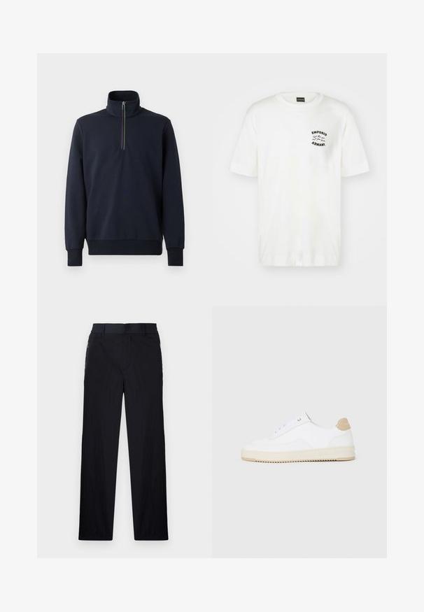 Navy pullover with a zip collar, featuring a multicolored stripe on the zipper, made from a soft, smooth fabric with long sleeves.; White cotton t-shirt with a crew neck and short sleeves. Features a black embroidered logo on the left chest. Smooth texture.; Black trousers featuring a lightweight, textured fabric, straight-leg design, elastic waistband, and side zip pockets.; White low-top sneakers with a textured leather upper, cream ridged sole, and a tan heel accent. Features white laces and logo detail on heel.