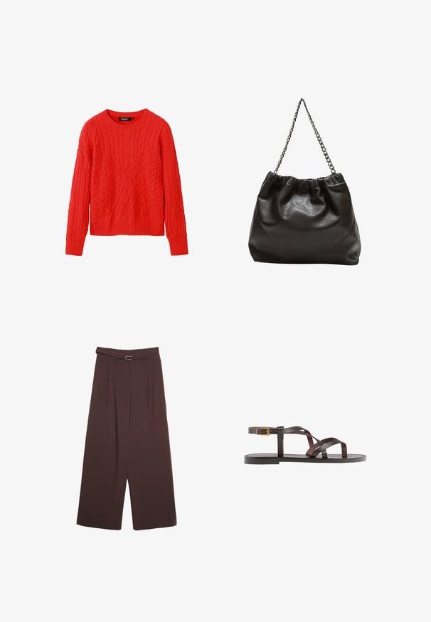 Maglione rosso a maglia rasata con colletto rotondo e polsini a coste. Presenta modelli testurizzati su tutta la superficie, che mettono in risalto la profondità e i dettagli.; Stradivarius WIDE-LEG WITH BUCKLE DETAIL - Pantaloni - dark brown; Sandal in pelle marrone con cinturini incrociati, chiusura con cinturino alla caviglia e suola piatta con dettagli di cucitura minimi.; Borsa in pelle marrone con parte superiore arricciata e tracolla a catena. Texture liscia con finitura lucida e dettagli di cucitura sottili sui lati.