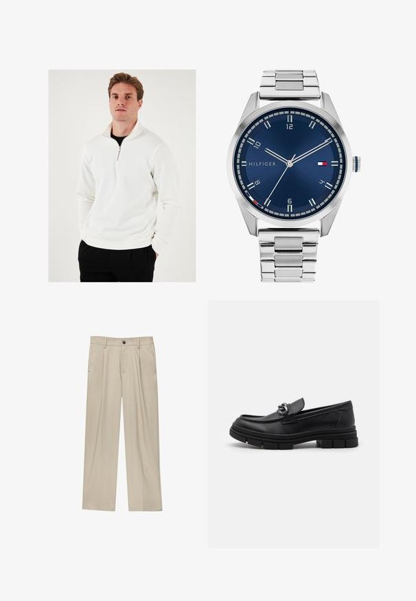 Weißer Reißverschluss-Sweatshirt mit hohem Kragen, weichem Stoff, langen Ärmeln und lockerer Passform, kombiniert mit schwarzen Hosen.; Beige Hosen mit geradem Schnitt, ausgestattet mit einem einzelnen schwarzen Knopf, Gürtelschlaufen und Seitentaschen. Glatte Stofftextur und minimalistisches Design.; Schwarzer Lederloafer mit runder Zehenform, einem dekorativen Riemen und Hardware sowie einer robusten, strukturierten Sohle. Glatte Oberfläche mit dezenten Details.; Silberne Metall-Uhr mit einem gebürsteten blauen Zifferblatt, weißen Stundenmarkierungen und einem Datumsanzeiger. Verfügt über ein verlinktes Metallarmband und ein Markenlogo.