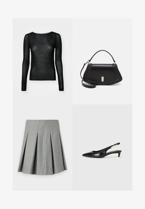 Top noir à manches longues en tissu transparent à nervures. Présente un col rond et une coupe ajustée, avec une texture lisse et un minimum de détails.; Jupe plissée grise en tissu texturé, avec une taille ajustée et une coupe évasée. Sans quincaillerie ni accents visibles.; Talons hauts en cuir noir avec un bout pointu, dotés d'un talon fin et d'un accent en ton or sur la lanière réglable. Texture lisse.; Sac à main en cuir noir avec un design structuré, featuring une forme cropped, une poignée supérieure et des accents en matériel doré. Bandoulière réglable incluse.