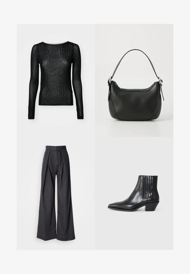 Top noir à manches longues en tissu transparent à nervures. Présente un col rond et une coupe ajustée, avec une texture lisse et un minimum de détails.; Pantalons en denim noir à jambes larges avec une taille haute, dotés de plis avant et d'une fermeture éclair classique. Texture nette et lisse avec une finition propre.; Bottine en cuir noir avec un bout pointu, des panneaux latéraux élastiques avec des rainures verticales, et un petit talon bloc. Texture lisse et design épuré.; Sac à main en cuir noir avec une forme arrondie, fermeture éclair argentée et une courte poignée. Présente un logo subtil à l'avant et une texture lisse.