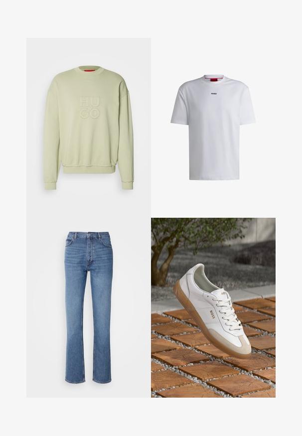 Világos zöld pulóver, kerek nyakkivágással, középen texturált "HU GO" logóval, valamint bordázott mandzsettákkal és aljjal. Puha szövettextúra.; Fehér, rövid ujjú, kerek nyakú pamut póló, fekete "HUGO" logóval a mellkason. Simára ölbe simuló anyag, laza fazon, minta nélkül.; Kék farmernadrág magas derékkal, egyenes szabású dizájnnal és enyhe kopással. Jellemzője az klasszikus öt zsebes kialakítás és cipzáras zárás.; Fehér bőr sneaker, bézs velúr részletekkel, kerek orral, fűzős elemmel és barna gumitalppal, a "BOSS" márkanevével.