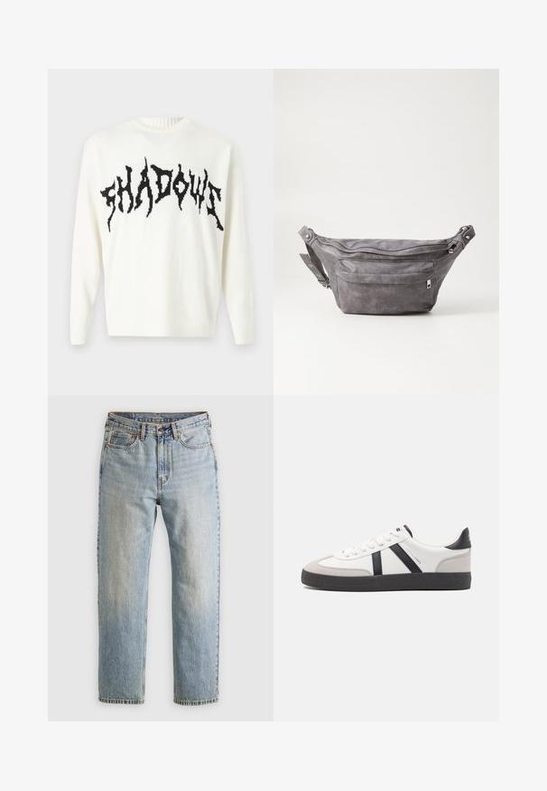 Only & Sons ONSRANDY LIFE CREW - Jumper - cloud dancer/black; Light blue denim jeans with high waist, front button, zipper, and five-pocket design, laid flat on a neutral background.; White sneaker with black and gray accents, featuring a textured gray toe cap, black rubber sole, and flat white laces. Clean design, minimalist style.; Gray suede fanny pack with a rounded shape, two zippered compartments, and adjustable strap. Features metal hardware accents.