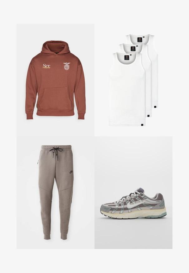 Bruine hoodie van een katoenmix, voorzien van een voorzak en een witte geborduurde logo met een adelaar en tekst op de borst.; Drie witte geribde tanktops van katoen. Kenmerken zijn een ronde hals en kleine zwarte labels nabij de zoom. Verkrijgbaar in meerdere maten.; Grijze Nike-sweatpants met een verstelbare tailleband, taps toelopende benen, zijzakken en opvallende naaddetails. Zachte, gestructureerde stof.; Grijze sportieve schoen met een bovenwerk van mesh en suede, witte accenten, een gevoerde zool en een onderscheidend ontwerp met reflecterende elementen.