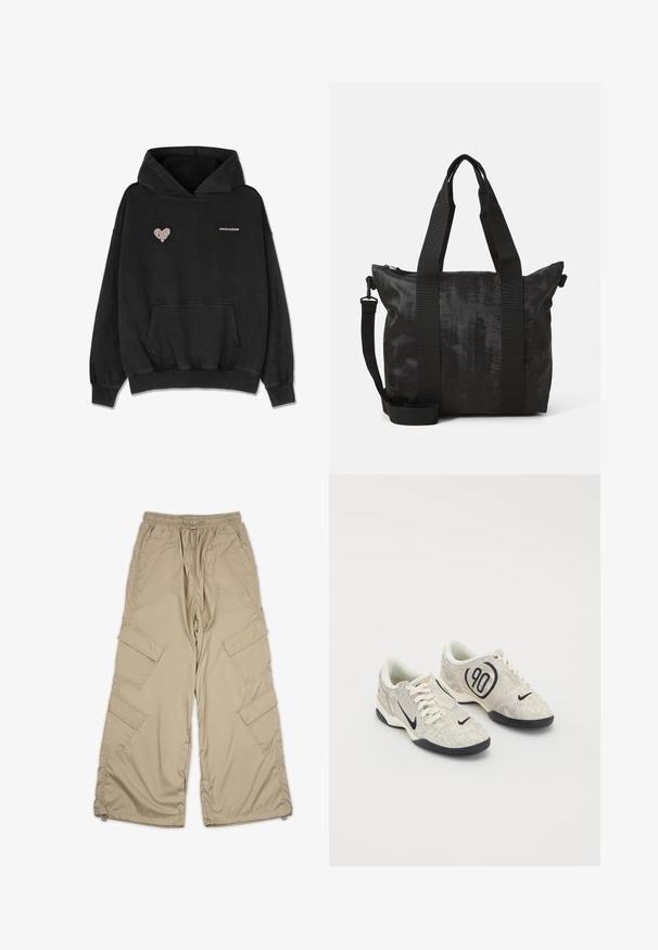 Sudadera con capucha negra, confeccionada en tejido suave, que cuenta con un bolsillo frontal, puños y dobladillo acanalados, y un diseño de corazón con el texto "PEGADOR" en gris.; Pantalones cargo beige con cintura ajustable, múltiples bolsillos laterales y un corte relajado. Hechos de una tela ligera y suave con detalles de costura.; Zapatillas Nike con un upper texturizado en beige y gris, acentos negros, un gran logo de "90" y un cierre de cordones blancos. Suela negra.; Bolsa tote negra con tejido texturizado, asas superiores dobles y una correa de hombro desmontable. Cuenta con un cierre con cremallera para un almacenamiento seguro.