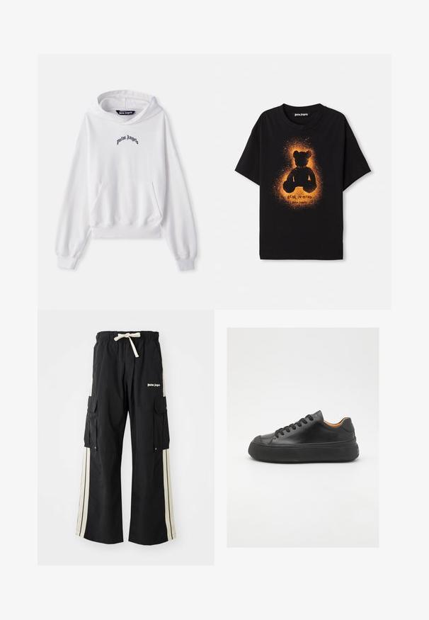 White hoodie made of cotton with a front kangaroo pocket, ribbed cuffs, and hem. Features black "Palm Angels" logo embroidered on the chest.; Black cotton t-shirt featuring a silhouette of a bear in orange with a textured halo effect. The front includes the text "BEAR IN MIND."; Black cargo pants with elastic waistband and drawstring, features cream side stripes, multiple pockets, and logo detail on the front.; Black leather sneaker with a round toe, lace-up front, smooth texture, thick rubber sole, and contrasting tan interior.
