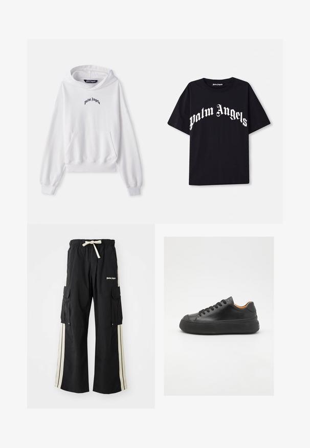 Biela mikina z bavlny s prednou kengurou vreckom, rebrovanými manžetami a lemom. Obsahuje čierne vyšívané logo "Palm Angels" na hrudi.; Čierne bavlnené tričko s krátkymi rukávmi a okrúhlym výstrihom, s bielym nápisom "palm angels" v zakrivenom, ozdobnom písmene na prednej strane.; Čierne cargo nohavice s elastickým pásom a šnúrkou, obsahujú krémové bočné pruhy, viaceré vrecká a logom na prednej strane.; Čierne kožené tenisky s okrúhlou špičkou, šnurovaním vpredu, hladkou textúrou, hrubou gumovou podrážkou a kontrastným béžovým interiérom.