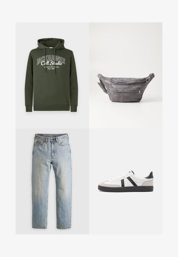 Sudadera de color verde oscuro con bolsillo tipo canguro, capucha con cordón y texto de logo impreso en blanco. Fabricada con una suave tela texturada y puños acanalados.; Jeans de mezclilla azul claro de cintura alta, con botón frontal, cremallera y diseño de cinco bolsillos, dispuestos sobre un fondo neutro.; Zapatilla blanca con acentos en negro y gris, que presenta una puntera texturizada en gris, suela de goma negra y cordones planos blancos. Diseño limpio, estilo minimalista.; Riñonera de ante gris con forma redondeada, dos compartimentos con cremallera y correa ajustable. Presenta acentos de metal.