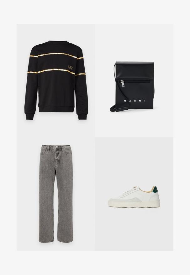 EA7 Emporio Armani TRAIN MONOGRAM - Sportinis megztinis - black/gold; Pilki džinsai su tiesiu kirpimu, penkiomis kišenėmis ir mygtuku užsegimui ant liemens. Subtilus išblukęs tekstūros efektas visame paviršiuje.; Baltos sportbačiai su zomšos akcentais, apvaliu nosiu, plokščiais raišteliais ir kreminės spalvos guminiu padu. Ant kulno yra žalia ženklinimo detalė.; Juodas odinis per petį nešiojamas krepšys su užtrauktuku ant priekio, iškilminiu logotipu ir reguliuojama juosta. Lygi tekstūra su struktūrizuota forma.