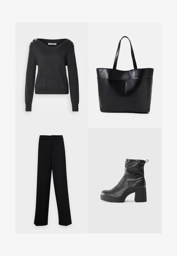 Dunkelgrauer Pullover mit weitem Ausschnitt, langen Ärmeln und dekorativen Knöpfen an der Schulter. Hergestellt aus weichem Stoff mit glatter Textur.; Schwarze, weit geschnittene Hosen aus glattem Stoff, mit einem klassischen Taillenbund und einem Knopfverschluss sowie vorderen Falten.; Schwarze Stiefeletten aus glattem Leder mit seitlichem Reißverschluss, klobigem strukturiertem Absatz und runder Zehenform.; Schwarze Leder-Shopper-Tasche mit zwei langen Griffen, einer glatten Textur und einer strukturierten Form. Verfügt über eine Vordertasche für zusätzlichen Stauraum.