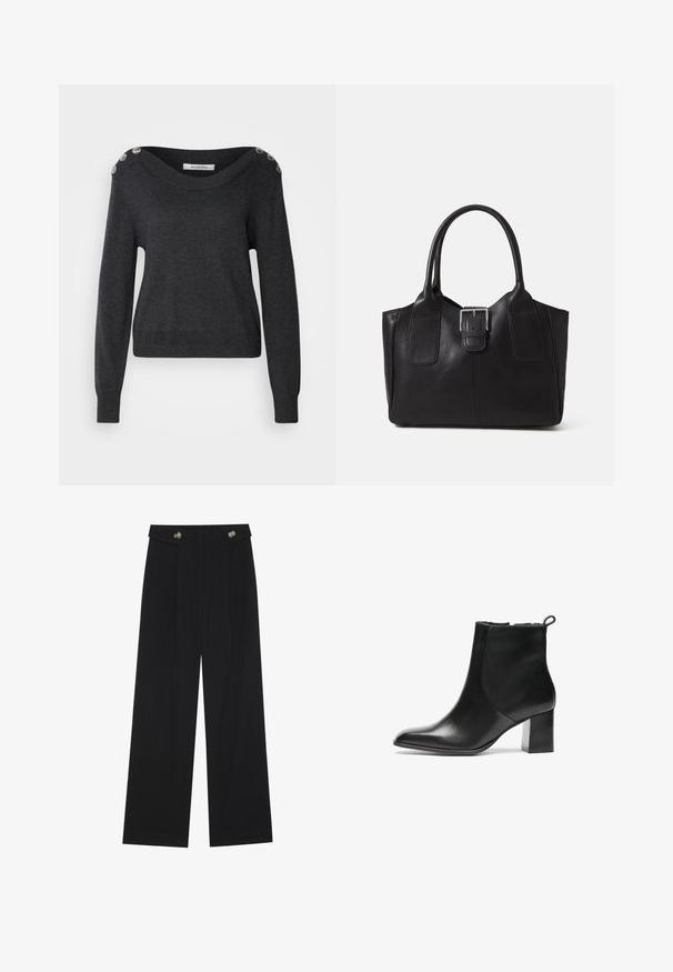 Tumesinine sviiter lai krae, pikad varrukad ja kaunistavad nööbid õlal. Valmistatud pehmest kangast, millel on sile tekstuur.; Mustad laiad püksid kõrge vöökoha ja nööpdetailidega vööandil, esikortsudega.; Mustmust musta kingad ümarate varvastega, keskmise kõrgusega blokk-kontsa ja tagaküljel tõmbetoru. Sile tekstuur, minimaalne disain.; Mustgamma nahast kott, millel on sile tekstuur, struktureeritud kuju, kaks käepidet ja esiküljel silmapaistev hõbedane pandla detail.