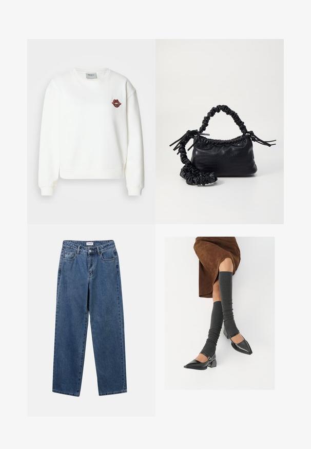 Felpa bianca con design corto, maniche lunghe, polsini a costine e grafica di labbra rosse con la scritta "LONDON" sul petto.; Jeans in denim blu classico con design a gamba dritta, cinque tasche e chiusura con bottone. Presentano un lavaggio medio e una trama robusta.; Scarpe nere in pelle verniciata con punta affilata, tacco a blocco e cinturino alla caviglia, abbinate a scaldamuscoli grigi a coste e una gonna in suede marrone.; Borsa a tracolla in ecopelle nera con texture a coccodrillo, apertura cinchata e tracolla arricciata. Si presenta con un design morbido e compatto.