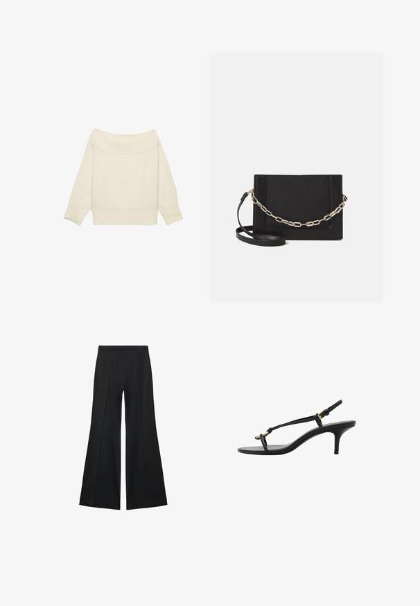Kremni pulover s spuštenimi rameni, rebrastim ovratnikom, rokavi do tri četrtine in skrajšano prileganje. Mehak material, minimalističen dizajn.; Črne široke hlače z gladko teksturo, ki imajo sprednje nabore in kroj po meri. Tkanina je lahka in zračna.; Črne usnjene sandale s kitten peto, tankimi trakovi, zlate zaponke in minimalistično zanko za prste na beli podlagi.; Črna usnjena torba čez ramo z gladko teksturo, pravokotno obliko in kovinskim verižnim detajlom spredaj. Vključena je nastavljiva naramnica.