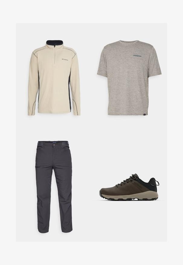 Pulover din fleece bej cu un panou lateral negru, fermoar la un sfert în față și cusături contrastante. Are un mic logo pe piept.; Tricou gri cu mânecă scurtă, fabricat dintr-un material moale și texturat, având un mic logo al brandului Patagonia în culoare albastră pe pieptul stâng. Fără modele suplimentare.; Pantaloni negri închis dintr-un material rezistent, cu un buzunar cu fermoar, croială dreaptă și bucle pentru curea pentru ajustarea potrivirii.; Adidași impermeabili maro, cu un superior texturat, accente perforate, suport pentru călcâie negru și o talpă din cauciuc gri. Șireturile au vârfuri metalice.