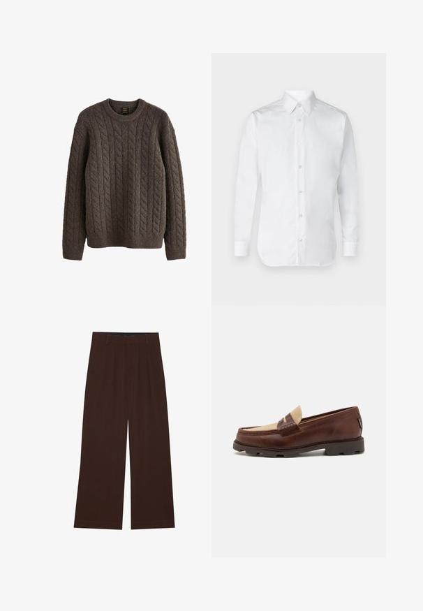Brauner, strukturierter Wollpullover im Kabelstrickmuster, mit Rundhalsausschnitt und langen Ärmeln mit gerippten Bündchen und Saum.; Weißes Hemd mit langen Ärmeln, aus glattem Baumwollstoff, mit einem klassischen Kragen und subtiler Glanz. Fünf Knöpfe vorne.; Braune weite Hosen mit Falten. Aus einem glatten Stoff gefertigt, mit einem taillierten Bund und seitlichen Taschen. Flacher Saum am Boden.; Braune Lederloafer mit einem taupefarbenen Canvas-Akzent, genähten Details und einer strukturierten Gummisohle, die für Komfort und Langlebigkeit ausgelegt ist.