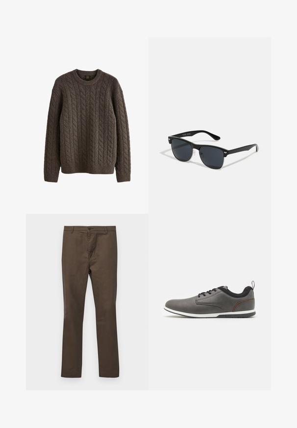 Barna fonott pulóver, textúrált gyapjúból készült, kerek nyakkivágással és hosszú ujjakkal, bordázott mandzsettával és aljjal.; Barna pamut nadrág egyenes szárú fazonnal, gombos záródással és övbújtatókkal, sima textúrával, minták vagy kiegészítők nélkül.; Szürke bőr cipők fekete akcentusokkal, kerek orral, fűzős kialakítással, fehér talppal és egy kis húzófüllel a saroknál.; Fekete napszemüveg, téglalap alakú, sötét lencsékkel, ezüst részletekkel a szárakon, és matt felülettel a kereten.