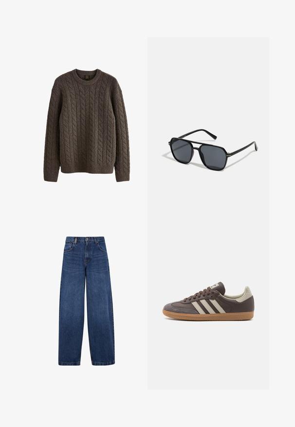 Brun kabelstrikket sweater lavet af tekstureret uld, med rund hals og lange ærmer med ribbede cuffs og kant.; Bredde ben blå denim jeans med et klassisk design med fem lommer, knaplukning og en let falmet tekstur. Robuste syninger.; Brun lædersneaker med tre lyse striber, gummisål, rund tå og teksturerede ruskindsdetaljer på hælen og tåen.; Sorte solbriller med oktagonal stel, mørke linser, blank overflade, fine stænger og guldaccenter på forsiden.