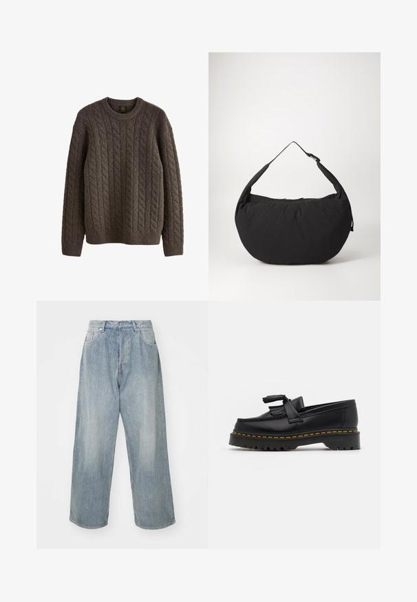 Rudas kabelis megztas megztinis, pagamintas iš tekstūruotos vilnos, su apvalia kaklo iškirpte ir ilgomis rankovėmis su gumbuotais rankogaliais ir apatine dalimi.; Šviesiai mėlynos džinsinės kelnės, laisvo modeliavimo, aukštu liemeniu, su penkiomis kišenėmis ir kontrastinga siūle. Turi tiesaus kirpimo dizainą ir švarius apvadas.; Juodas odinis loaferis su kutais, turintis masyvų juodą pado ir geltonus siūlus palei kraštą. Textūruota danga.; Juodas audinio peties maišas su kreiviu pavidalu, turintis vieną dirželį ir užtrauktuku uždaromą. Minkšta tekstūra, minimalistinis dizainas.