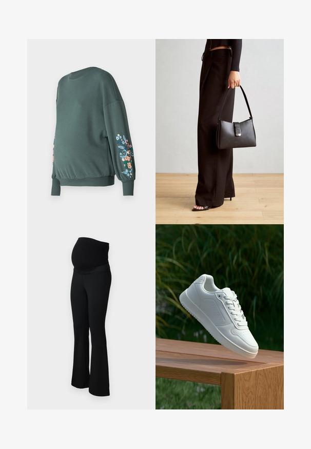 Sudadera verde con cuello redondo y mangas largas. Presenta bordados florales en colores que incluyen rosa, azul y amarillo en las mangas.; ONLY MATERNITY OLMPAIGE - Pantalones - black; Zapatilla blanca con un upper sintético suave, caja de dedos perforada, cordones planos y una suela texturizada, exhibida sobre una superficie de madera.; Bolso negro con forma estructurada, textura suave y un cierre metálico. Combinado con pantalones anchos negros y sandalias de dedo en un suelo de madera.