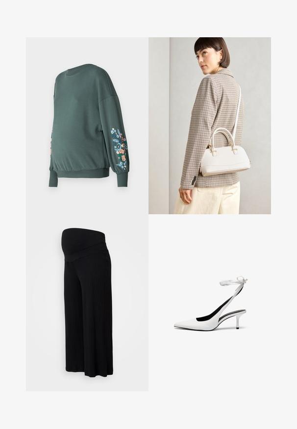 Groene sweatshirt met een ronde halslijn en lange mouwen. Heeft bloemenborduursel in kleuren zoals roze, blauw en geel op de mouwen.; Zwarte geribbelde zwangerschapsbroek met een brede, rekbare tailleband. Losse pasvorm en full-length ontwerp, biedt comfort en bewegingsvrijheid.; Witte pointed-toe slingback hakken met een dunne enkelband. Gladde leren materiaal, dunne stilettohak en een zwarte binnenvoering.; Witte gestructureerde handtas met korte handvatten en een schouderband, voorzien van gouden hardwareaccenten en een textuurmateriaal, tentoongesteld tegen een grijze achtergrond.