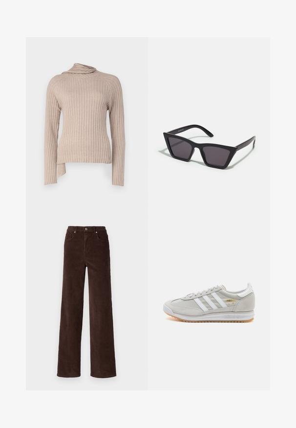 Top beige a maniche lunghe con coste, dotato di un collo drappeggiato e uno spacco laterale. Realizzato in morbido tessuto a maglia, presenta linee verticali testurizzate.; Vero Moda VMTESSA WIDE PANTS - Pantaloni - chocolate torte; Sneaker grigio chiaro realizzato in suede e rete, con tre strisce bianche, punta arrotondata e suola in gomma color caramello. Accento del logo dorato vicino ai lacci.; Occhiali da sole neri e angolari con lenti grigie; realizzati in plastica, con aste spesse dalla superficie liscia e senza hardware visibile.