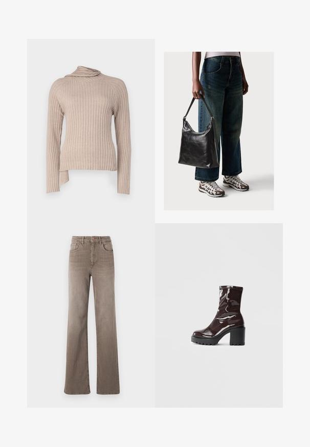 Haut beige à manches longues côtelé avec un col roulé drapé et une fente sur le côté. Confectionné en tissu tricot doux, présentant des lignes verticales texturées.; Jean taille haute droit marron avec bouton avant, passants de ceinture et design classique à cinq poches sur fond blanc.; Bottines bordeaux brillantes à talon épais noir, avec une texture lisse et un design simple. Aucune fermeture visible ni motifs.; Sac à bandoulière en cuir noir avec une texture lisse et une bandoulière réglable, associé à un jean ample décoloré et des baskets de sport.