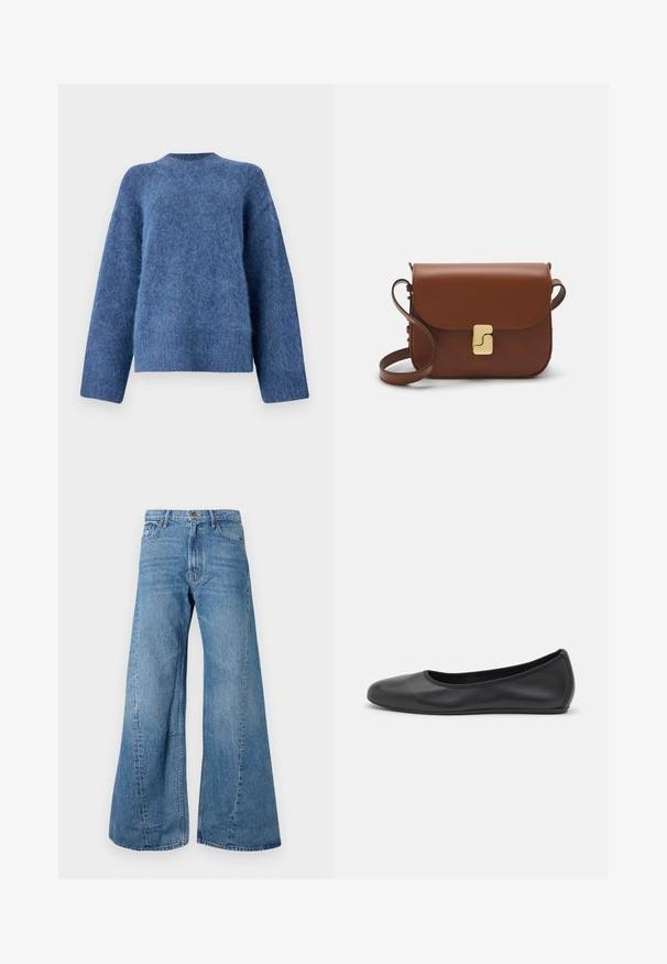 Blue wool sweater with a round neckline, long sleeves, loose fit, and soft texture; features a fluffy, slightly textured surface.; White short-sleeve t-shirt made of ribbed fabric. Round neckline, regular fit, and subtle stitching details. No patterns or graphics.; Wide-leg blue denim jeans with a high waist, featuring classic five-pocket styling and slight fading for texture.; Black leather ballet flat with a rounded toe, smooth texture, minimal stitching detail, and a flexible sole design.; Brown leather handbag with a flap closure, gold-tone hardware, a shoulder strap, and a smooth texture. Compact rectangular shape.