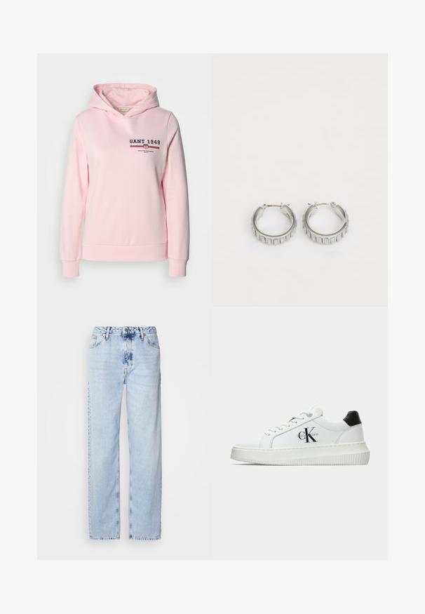 Felpa rosa realizzata in misto cotone, con logo frontale e righe orizzontali. Presenta un cappuccio con coulisse e polsini e orlo a costine.; Jeans a gamba larga di un blu chiaro, realizzati in denim, con vita alta, lavaggio sbiadito e un sottile motivo tie-dye sulla parte anteriore.; Sneaker bassa bianca con tassello nero sul tallone, suola a piattaforma, lacci e logo "CK" di Calvin Klein sul lato.; Orecchini a cerchio in argento con un design testurizzato caratterizzato da scanalature verticali. Forma circolare con una chiusura a scatto sicura. Finitura liscia.