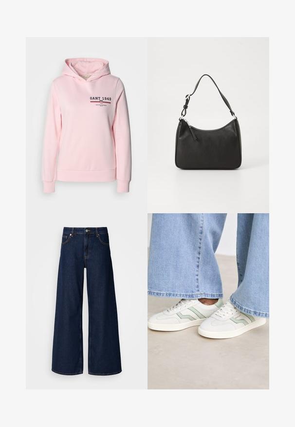 Roosa kapuutsiga pluus, mis on valmistatud puuvilla segust, esiküljel on logo ja horisontaalsed triibud. Pluusil on reguleeritav kapuuts ja ribadega mansetid ning äär.; Laialised tumedast sinisest denimist teksad kõrge vöökoha ja esipocketitega, millel on nööbikinnitus. Omab kontrastset õmblust ja siledat tekstuuri.; Valged spordijalatsid heleda rohelise aktsendiga, tekstureeritud nahast ja lame kummist tallaga. Kombineeritud laiade jalgade denimpükstega.; Must musta käekott, millel on kumer kuju, üks rihm, lukuga sulgemine ja peen brändimine esiküljel. Sile tekstuur, minimalistlik disain.