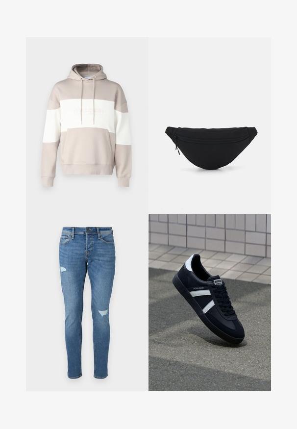 Beige hoodie met witte horizontale strepen. Voorzien van een zak aan de voorkant en een trekkoord, gemaakt van zachte katoenmix.; Vervaagde blauwe spijkerbroek met een slim fit, voorzien van versleten plekken op de knieën, een knoopsluiting en een ontwerp met vijf zakken.; Zwarte leren sneaker met witte strepen, een gestructureerde rubberen zool en vetersluiting aan de voorkant. Voorzien van een merklabel op de tong.; Zwarte stof heuptas met een afgeronde vorm, voorzak met rits en een gladde textuur. Geen zichtbare patronen of accenten. Lichtgewicht ontwerp.