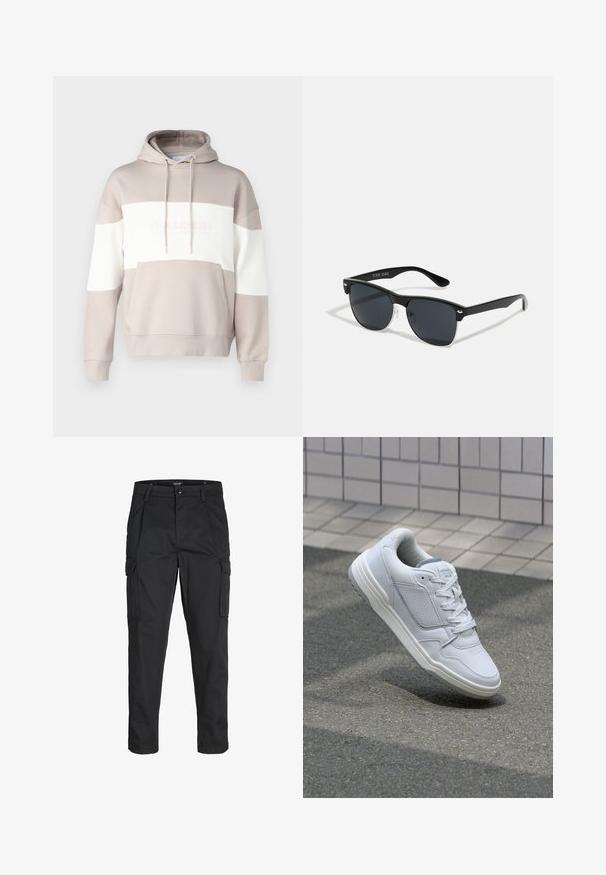 Felpa con cappuccio beige con strisce orizzontali bianche. Presenta una tasca frontale e un cordoncino, realizzata in un morbido tessuto misto cotone.; Pantaloni cargo neri realizzati in un tessuto resistente, dotati di molteplici tasche, chiusura con bottone e un design aderente con gambe affusolate.; Sneaker bianca in pelle con lati perforati, accenti testurizzati, lacci piatti e tallone grigio a contrasto. Presenta una suola leggermente elevata.; Occhiali da sole neri con forma rettangolare, lenti scure, dettagli in argento alle tempie e finitura opaca sulla montatura.