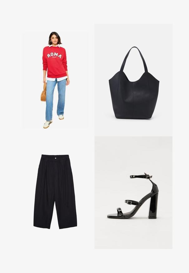 Czerwony sweter z napisem "ROMA", biała koszula pod spodem, niebieskie dżinsy i beżowa torebka. Sportowe sneakersy z zielonymi paskami. Miękka faktura.; Czarne spodnie culotte z poliestru z elastycznym pasem, dwoma fałdami z przodu i luźnym krojem. Brak widocznych wzorów lub elementów metalowych.; Czarne lakierowane sandały na obcasie z kwadratowym noskiem, z paskami wokół kostki i srebrnymi klamrami. Posiadają masywny słupek dla stabilności.; Czarna torba na ramię wykonana z gładkiej skóry, z zaokrąglonym, otwartym topem i dwoma paskami na ramię oraz minimalistycznym designem.