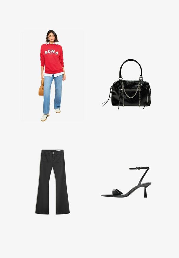 Punainen huppari, jossa on "ROMA" -teksti, valkoinen paita alla, siniset farkut ja vaaleanruskea käsilaukku. Rentotennarit, joissa on vihreät raidat. Pehmeä rakenne.; Mustat leveälahkeiset farkut, jotka on valmistettu sileästä denimmateriaalista. Farkuissa on kaksi takataskua ja nappikiinnitys vyötäröllä.; Bershka Korolliset sandaalit - black; Bershka WITH CHAIN - Käsilaukku - black