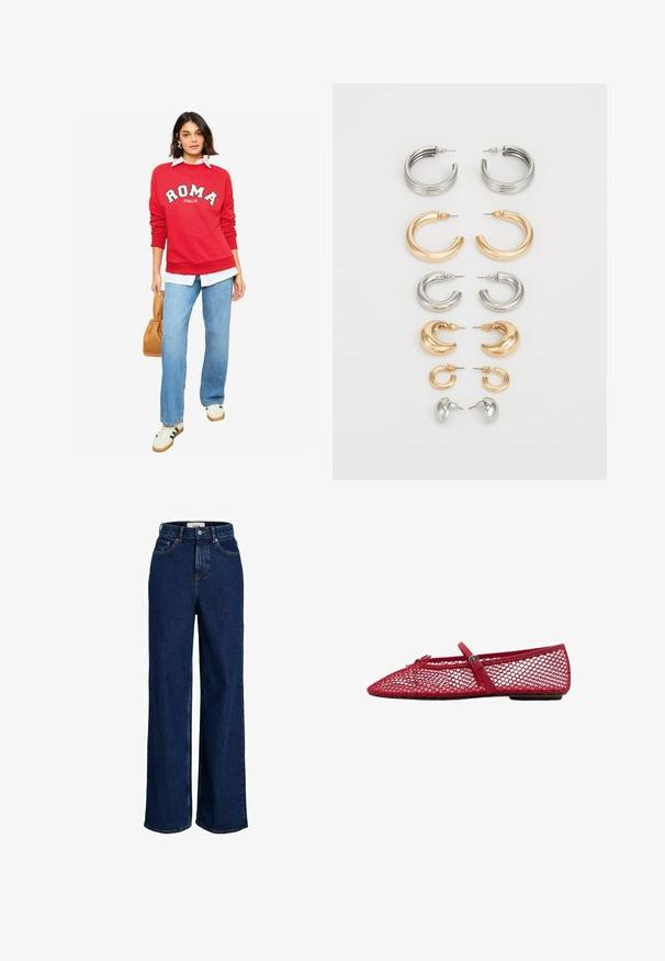 Červená mikina s nápisom "ROMA", biela košeľa pod ňou, modré džínsy a béžová kabelka. Voľné tenisky so zelenými prúžkami. Mäkky materiál.; Džíny s vysokým pásom, tmavomodré, s širokými nohavicami, predným gombíkom a dizajnom so piatimi vreckami.; Červené sieťové baleríny s špicatou špičkou, ktoré majú tenký remienok a detail s prackou. Zvršok má otvorený, včelí plástový vzor.; Sada ôsmich kovových náušníc v strieborných a zlatých tónoch. Obsahuje rôzne štýly kruhových náušníc, textúry a povrchové úpravy, usporiadané podľa veľkosti.