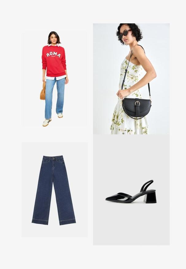 Sarkana kapuce ar tekstu "ROMA", balta krekls zem tā, zili džinsi un brūna somiņa. Gaisīgas kedas ar zaļām svītrām. Mīksta tekstūra.; Platās kājas džinsi tumši zilā denima krāsā. Iespējas: piecas kabatas, siksnu cilpas un neapstrādāta apakša ar redzamām šuvju detaļām.; Melna lakota āda ar atvērto papēdi, ar smailu purngalu un ģeometrisku blokpapēdi. Iezīmējas elegants, minimāls dizains un gluda tekstūra.; Melnas ādas rokassoma ar izliekta formu, noņemamu siksnu un zelta aksesuāriem. Somai ir vāciņš ar sprādzes detaļu.
