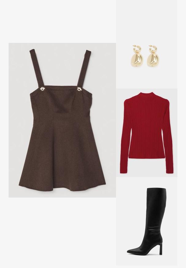 GAP GAP X CULT GAIA SHEER MCKNCK TOP - Svetr - sled; Hnědé bezramínkové šaty s nastavitelnými páskami, vybavené zlatými akcenty a rozšířeným A-liniovým designem. Textura z vlněné směsi.; Even&Odd Vysoká obuv - black; Zlaté kruhové náušnice s hladkými, zaoblenými přívěsky s reflexním povrchem, zavěšené na texturovaném kroužkovém upevnění.