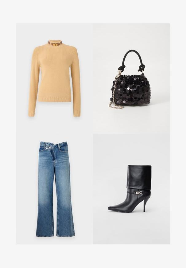 Švarkelis megztas šviesiai kreminės spalvos su ilgomis rankovėmis ir raukšlėtu paviršiumi. Savyje turi aukštą apykaklę su rudos spalvos akcentu ir auksiniu sagtimi.; Šviesiai mėlynos džinsinės kelnes platėjančios apačios, aukštu liemeniu, su dviem saga ir priekinių kišenių detalėmis. Medžiaga turi išblukusį tekstūrą su subtiliais skirtumais.; Juodos odinės kulkšninių botų su smailiu nosiu, aukštu stiletto kulnu, apvyniojamu kraštu ir auksine dekoratyvine sagtimi prie kulkšnies.; Juodas blizgučių mini rankinukas su mazguotu tekstūruotu dirželiu ir sidabro grandine. Suapvalinta forma su susiraukšlėtopu ir atspindinčiomis detalėmis.