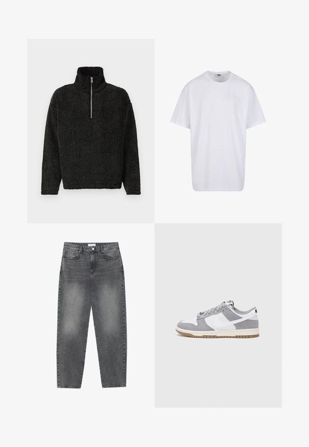 Črni flis pulover z visokim ovratnikom in četrtinskim zadrgo spredaj. Ima mehko, teksturirano blago in dolge rokave.; Bela bombažna majica s kratkimi rokavi, okroglim izrezom, sproščenim krojem in brez vidnih logotipov ali vzorcev. Gladka tekstura in minimalen dizajn.; Visoko pasovi, široke kavbojke iz obledelog črnega denima. Imajo pet žepov, zanke za pas in čisto, ravno obliko nog. ; Sive in bele teniske s suknim in usnjem zgornjim delom, zaobljenim nosom, ravnimi vezalkami in gumijastim podplatom z dodatkom gumijaste barve.