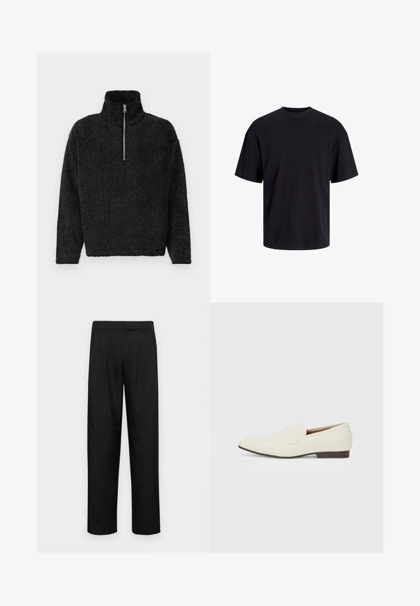 Pullover in felpa nera con colletto alto e zip a un quarto sul davanti. Caratterizzato da un tessuto morbido e texturizzato e maniche lunghe.; T-shirt in cotone nero con collo rotondo, maniche corte e vestibilità morbida. Texture liscia senza pattern o dettagli visibili.; Pantaloni neri realizzati in tessuto liscio, caratterizzati da un taglio dritto, due pieghe frontali e una vita standard con passanti per la cintura.; Mocassini beige chiaro con punta affusolata, materiale liscio, una fascia sulla tomaia e una suola bassa marrone. Design semplice con accenti minimi.
