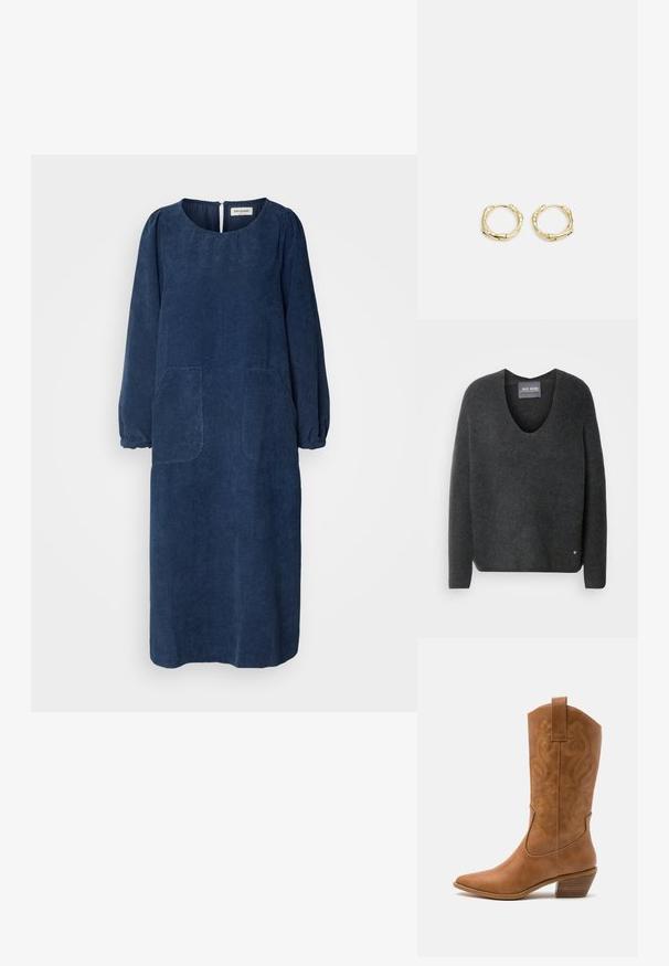 Tumši pelēks džemperis ar V-veida kakla izgriezumu, izgatavots no mīksta, teksturēta auduma. Aprīkots ar garām piedurknēm un nelielu logo akcentu pie apakšmalas.; Jūras zilas kr corduroy kleita ar garām pūkainām piedurknēm, apaļu izgriezumu, divām priekšējām kabatām un atvērumu aizmugurē. Mīksts, strukturēts audums.; Brūni ādas kovboju zābaks ar norādītu purngalu, izšūtām viļņveida apakšējo detaļu un sakrautajiem blokiem. Iezīmēts ar velkšanas cilpu ērtai uzvilkšanai.; Melna ādas hobo soma ar vienu mīkstu, noapaļotu rokturi; tai ir gluda virsma un minimālistisks dizains. Nav redzamu metāla detaļu vai akcentu.; Zelta riņķveida auskari ar tekstūru un neregulāru formu. Iekļauj bezšuvju aizdari un pulētu virsmas apdari, uzsverot mūsdienīgu dizainu.