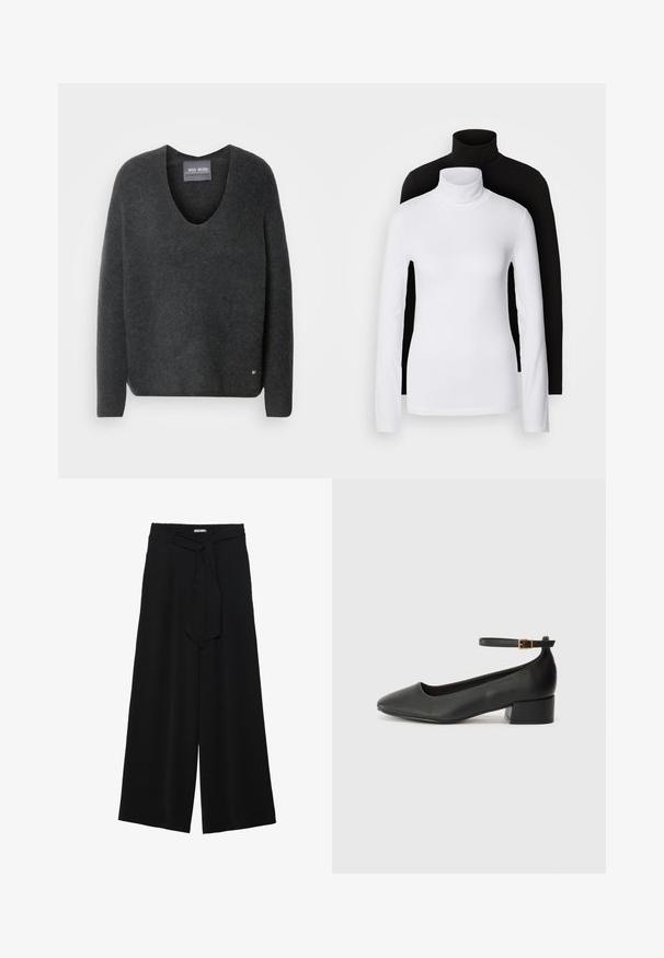 Pull over gris foncé en V, en tissu doux et texturé. Il possède des manches longues et un petit logo en accent au bas.; Deux tops à manches longues en col roulé, l'un blanc et l'autre noir, fabriqués dans un tissu lisse et extensible, tous deux dotés d'une coupe ajustée et de cols hauts.; Pantalons larges noirs en tissu texturé, avec une taille élastique et une ceinture à nouer amovible à la taille pour un ajustement variable.; Escarpin en cuir noir avec un bout pointu et un petit talon bloc. Doté d'une bride de cheville avec une boucle dorée. Texture lisse.