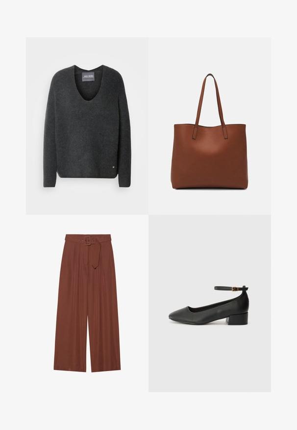 Tmavě šedý svetr s výstřihem do V, vyrobený z měkké, strukturované tkaniny. Má dlouhé rukávy a malou logovou ozdobu na spodním lemu.; Široké kalhoty z hnědé tkaniny, které mají pás s čtvercovou sponou, sklady a hladkou texturu.; Černé kožené lodičky s špičatou špičkou a nízkým blokovým podpatkem. Obsahují pásek kolem kotníku se zlatou sponou. Hladký povrch.; Hnědá kožená taška přes rameno s hladkou texturou, otevřeným designem a dvěma ramenními popruhy. Obsahuje minimální švy a žádné viditelné kovové prvky.