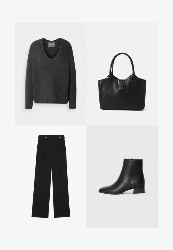 Temno siva pulover jopica z V-izrezom, izdelana iz mehke, teksturirane tkanine. Ima dolge rokave in majhen logotip na robu.; Črne široke hlače s visokim pasom, gumbnimi detajli na pasu in sprednjimi gubami.; Črne usnjene gležnjarje s koničastim nosom in nizko blok peto, ki se ponašajo z gladko teksturo in minimalističnim dizajnom.; Črna usnjena torba s gladko teksturo, strukturirano obliko, dvema ročkama in izrazitim srebrnim sponko na sprednji strani.